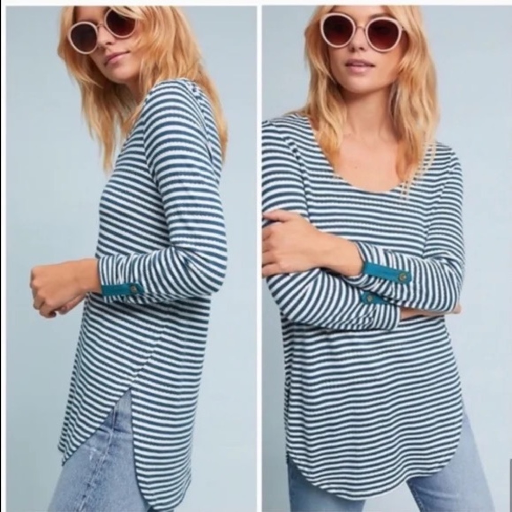 Anthropologie Akemi + Kin Sylvie Pointelle Striped Long Sleeve Knit Tuni…